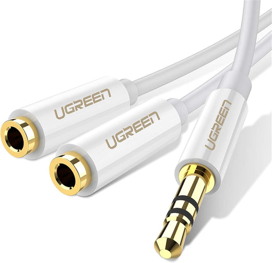 Zvočni razdelilni adapter 3,5 mm - 2 x 3,5 mm UGREEN AV123 2v1, 0,2 m, bel 