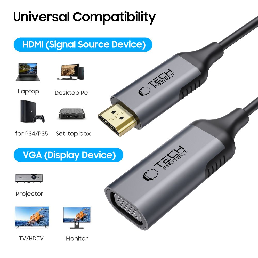 Video adapter Tech-Protect Ultraboost, VGA - HDMI, 1080P, Črn