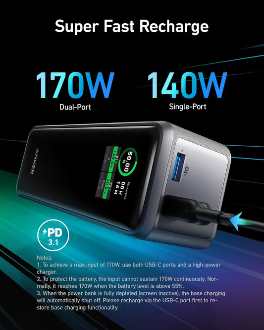 Zunanja baterija Anker Prime, 27650 mAh, 250 W, QC + PD, 1 x USB-A - 2 x USB-C, črna A1340011 A1340011 