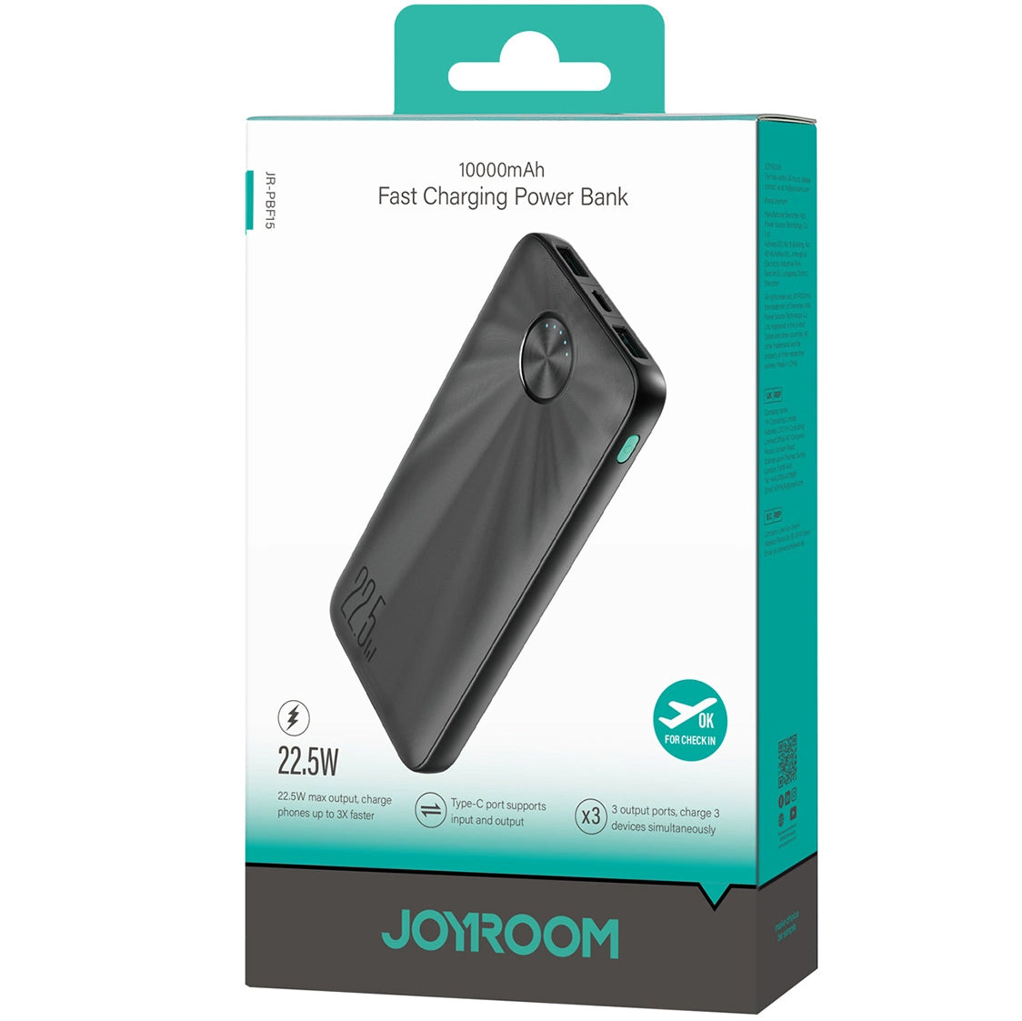 Joyroom JR-PBF15 zunanja baterija, 10000 mAh, 22,5 W, QC + PD, 1 x USB-C - 2 x USB-A, črna 