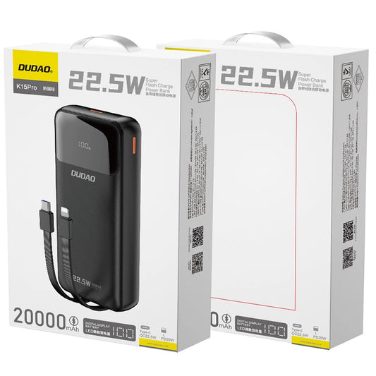 Dudao K15Pro zunanja baterija, 20000 mAh, 22,5 W, QC + PD, 1 x USB-A - 1 x USB-C, črna 