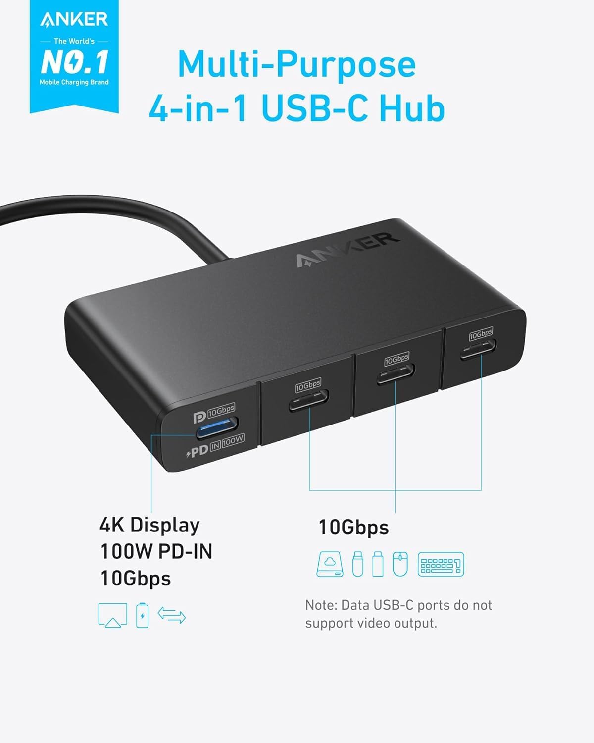 Anker USB-C vozlišče, 4 x USB-C, črno A8340GA1 