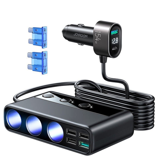 Joyroom Avtomobilski polnilnik JR-CL06, 154 W, 3A, 1 x USB-C - 4 x podaljšek za vžigalnik - 4 x USB-A, črn JYR058BLK JYR058BLK