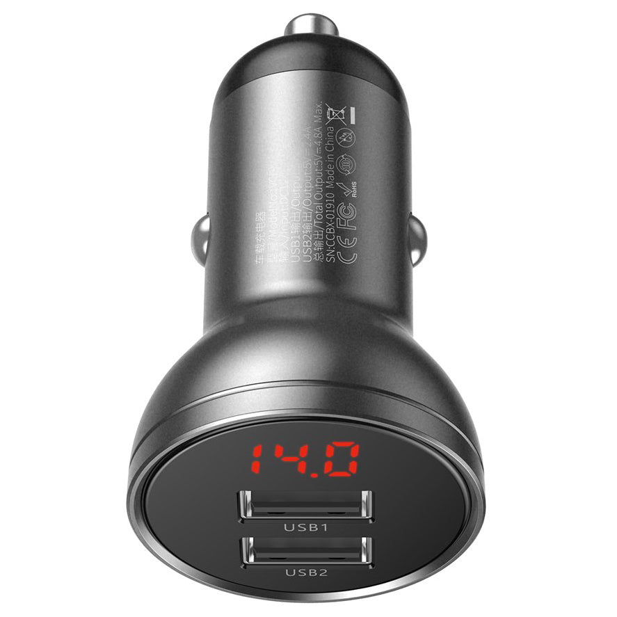Baseus polnilec za avto z digitalnim zaslonom, 24 W, 2,4 A, 2 x USB-A, siv CCBX-0G 