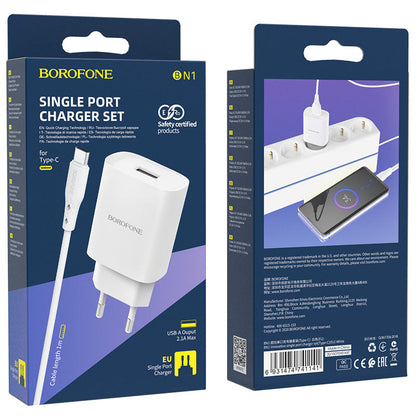 Omrežni polnilnik s kablom USB-C Borofone BN1, 10 W, 2,1 A, 1 x USB-A, bel