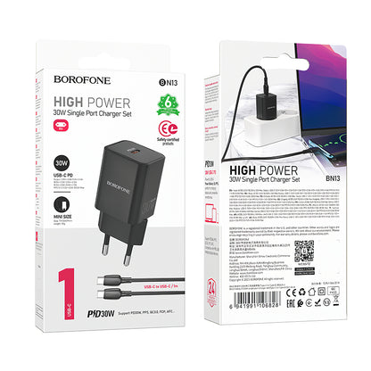 Omrežni polnilnik s kablom USB-C Borofone BN13 Safety, 30 W, 3A, 1 x USB-C, črn 