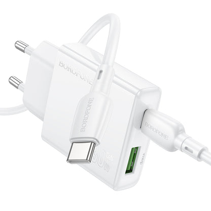 Omrežni polnilnik s kablom USB-C Borofone BN25 Wish, 30 W, 3A, 1 x USB-A - 1 x USB-C, bel 